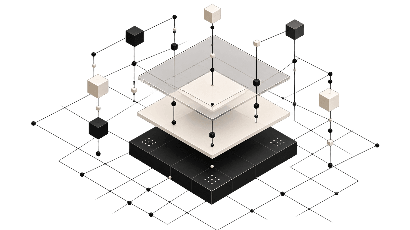 Isometric view of the Dependency Zero trust layer connecting agents, apps and the ecosystem
